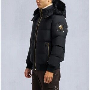 Moose Knuckles Stagg Bomber Coat Mens XXL Black Goose Down Shearling Trim Winter
